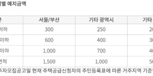 지역별 청약 예치금액을 표로 정리한 이미지입니다.