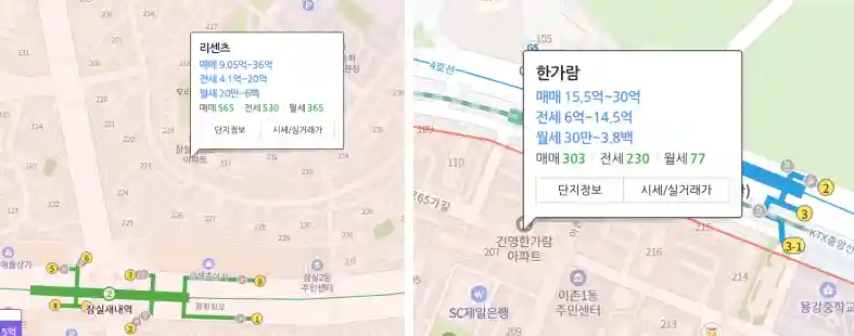 송파구 용산구 랜드마크 아파트 시세 지도입니다.