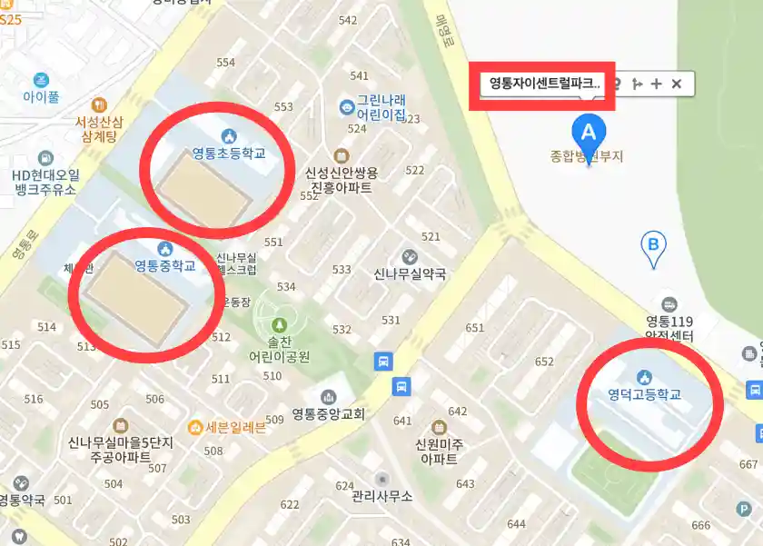 영통자이센트럴파크 학군, 학교 위치입니다.