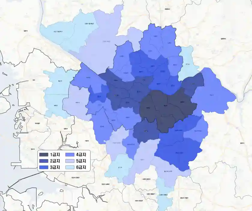 서울 및 수도권 부동산 등급 급지를 나눈 지도입니다.